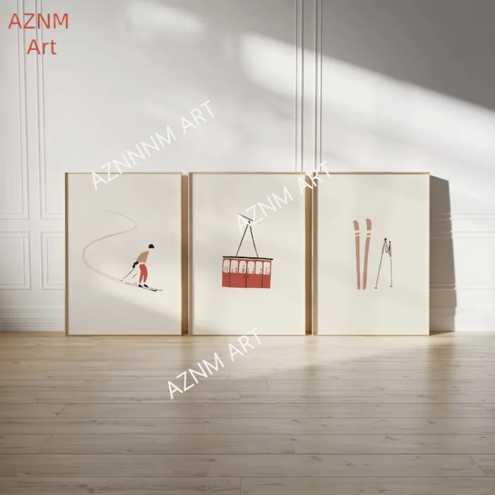 1 Stück/3 Stück Minimalistische Ski-Sport-Leinwandbilder Retro-Skifahrer-Kunstposter für Moderne Wohnzimmer Schlafzimmer Winter-Heimdekoration