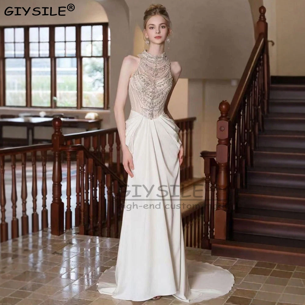 GIYSILE-vestidos de novia ligeros con cuello colgante, personalizados, industria pesada, satén francés, cola de pez francesa, vestidos de boda blancos Vintage