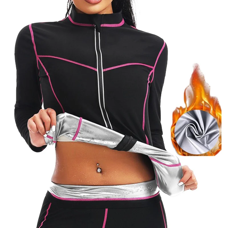 MrifDila Body Shaper Top Pink Lines Sweat Jacket Women Sauna Jacket Sweating Long Sleeve Full Zip Up Sauna Suit Women Sweat Suit