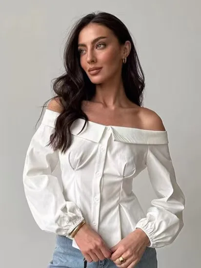 Seksowny top z odkrytymi ramionami, na jedno ramię, modny, uniwersalny, długi rękaw, dopasowany krój, do pracy, elegancki, jednolity kolor, zapinany na guziki.