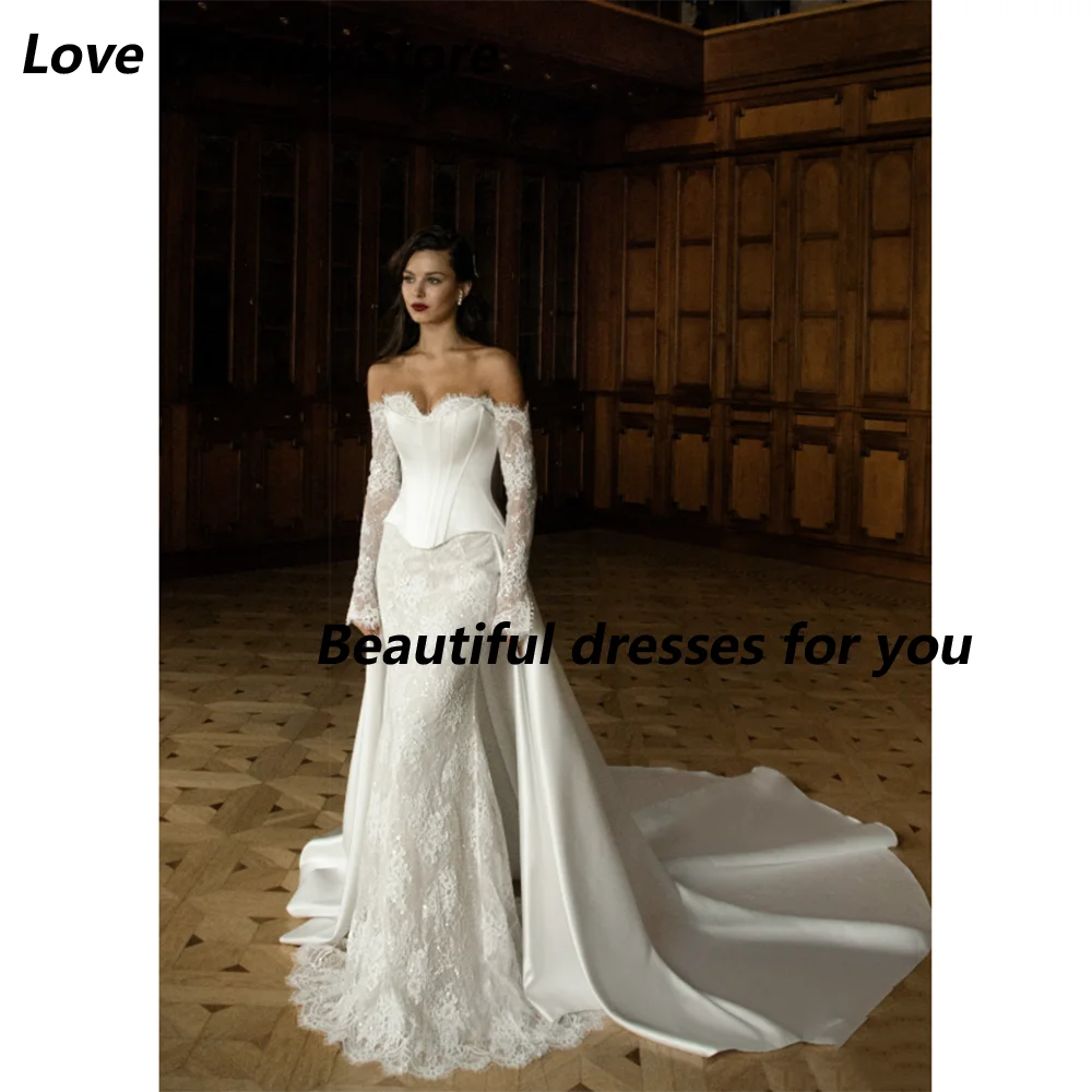 Detachable Trailing Wedding Dress Customized Sweetheart Neck 3/4 Sleeves Lace Mermaid Bridal Gown Lace-up Back Bride Dresses