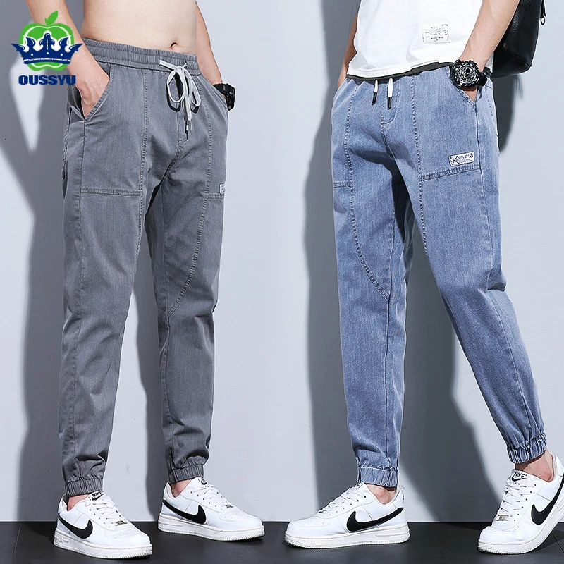 

2024 Autumn Men's Jeans Jogger Thin Harem Pants Cotton Banded Pant Korea Style Light Blue Hip Hop Beam Feet Casual Trousers Male