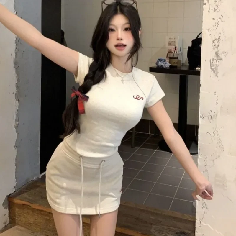 Short Sleeve Skirt Women's Two Piece Set Slim Fit Lightly Cooked Kawaii Female Outfits Commuting Formal Event Festival Full Sets