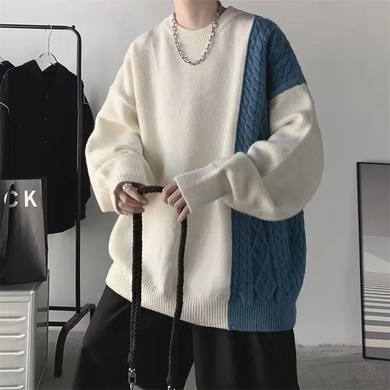 

Color Blocking Spliced Sweater Men's Loose Round Neck Knitted Sweater Hong Kong Style Lazy Thread Jacket