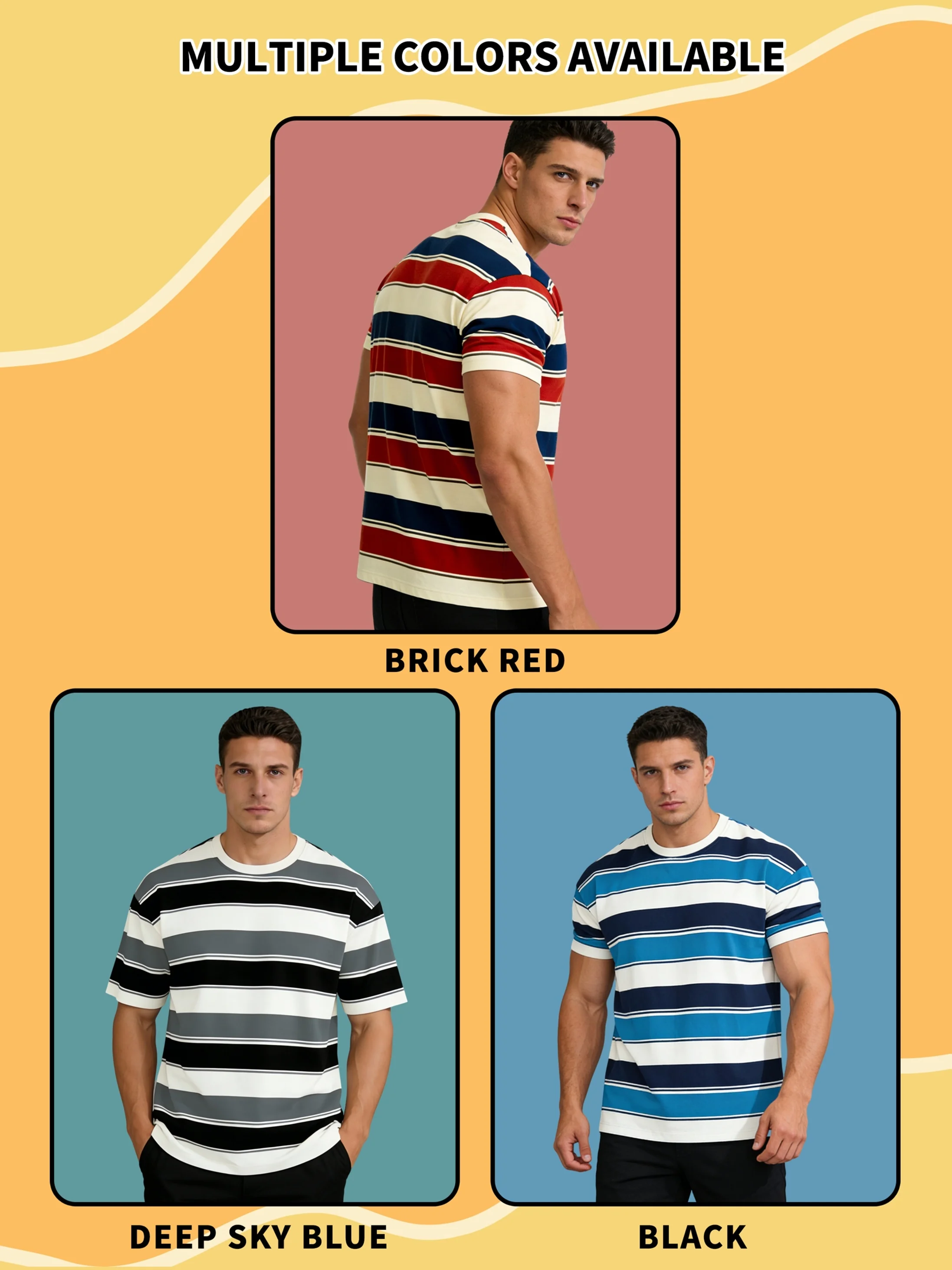 Herren-T-Shirt mit Rot-, Gelb- und Blau-Streifen, Kurzarm-Rundhals-Freizeit-T-Shirt, Klassisches Oberteil mit horizontalen Streifen für den Alltag – Detail 2