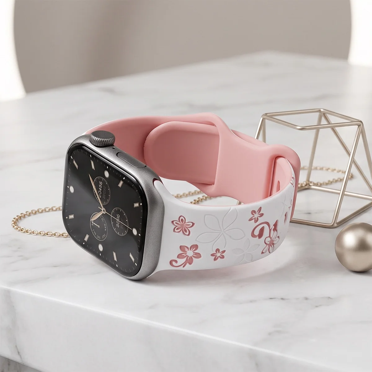 Floral Engraved Strap For Apple Watch Bands 46mm 44mm 45mm 42mm 40mm 41mm Sport Correa Bracelet iWatch Series 11 SE 10 9 8 7 6 5