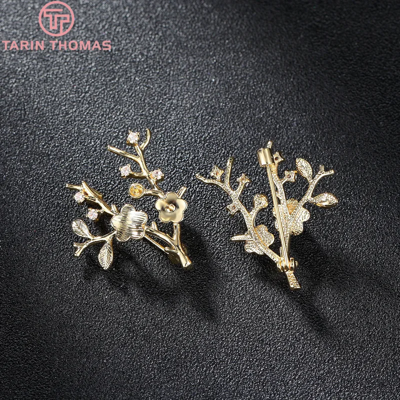 (3419)2PCS 30x33MM 24K Gold Color Plated Brass with Zircon Tree Brooch High Quality DIY Jewelry Making Findings Accessories