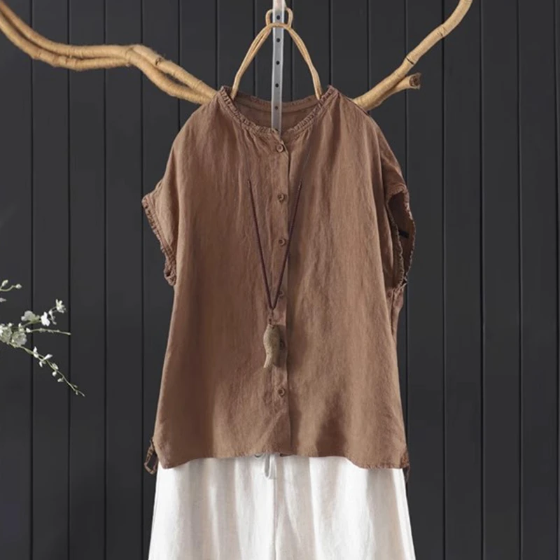 100% leinen Frauen Casual Shirts Neue Ankunft 2025 Sommer Vintage Stil Einfarbig Lose Weibliche Kurzarm Tops Shirts M1776