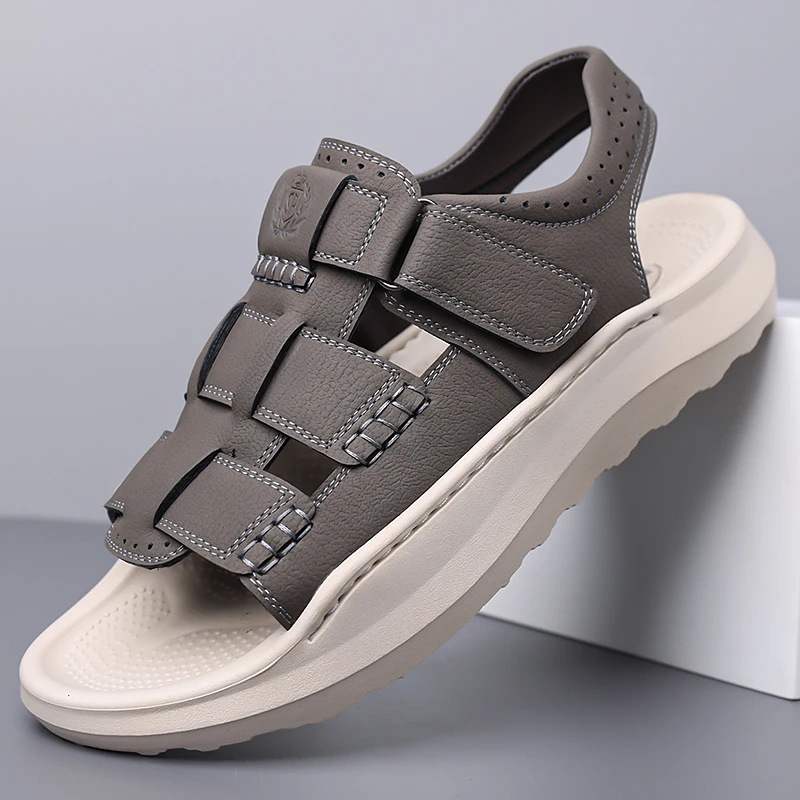 Men's Multi Strap Adjustable Velcro Back Strap Sandals, Hollow Cutout Perforated Rear Panel Open Toe Footwear, Thick Lightweight