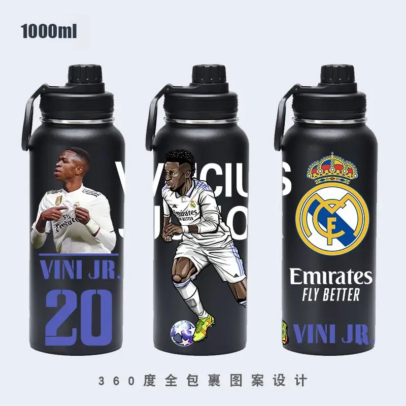 1000ml Ronaldo World Cup Soccer Neymar Thermos Cup Messi Mbappe Argentina Large Capacity Sports Kettle Stainless Steel Portable