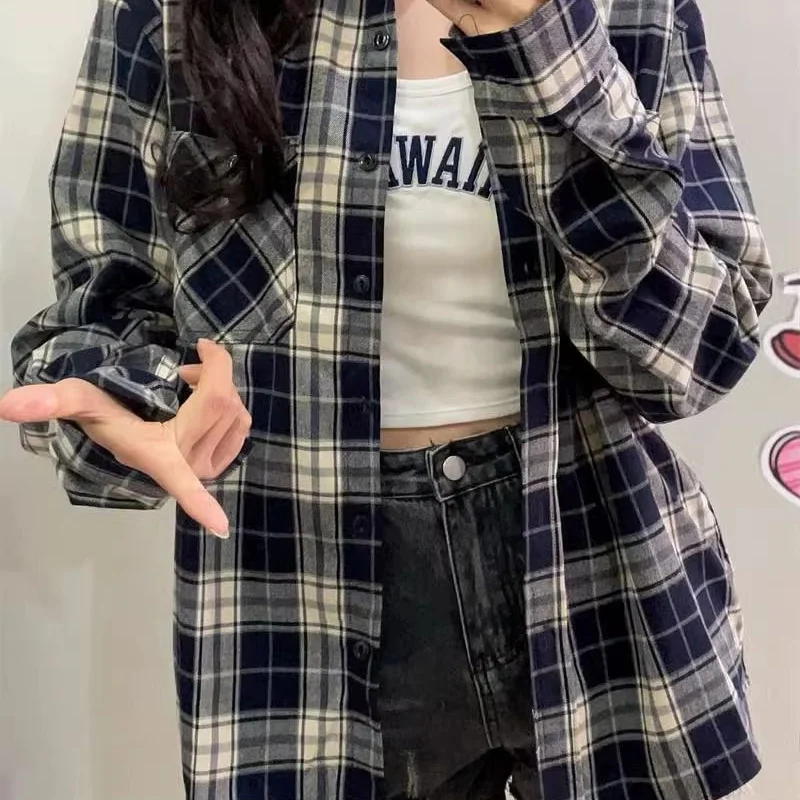 

plus Size Women's Plaid irt Jaet Spring Loose Lazy High-End Feeling Top Korean Sle Commute Wind Long Sve Square Collar