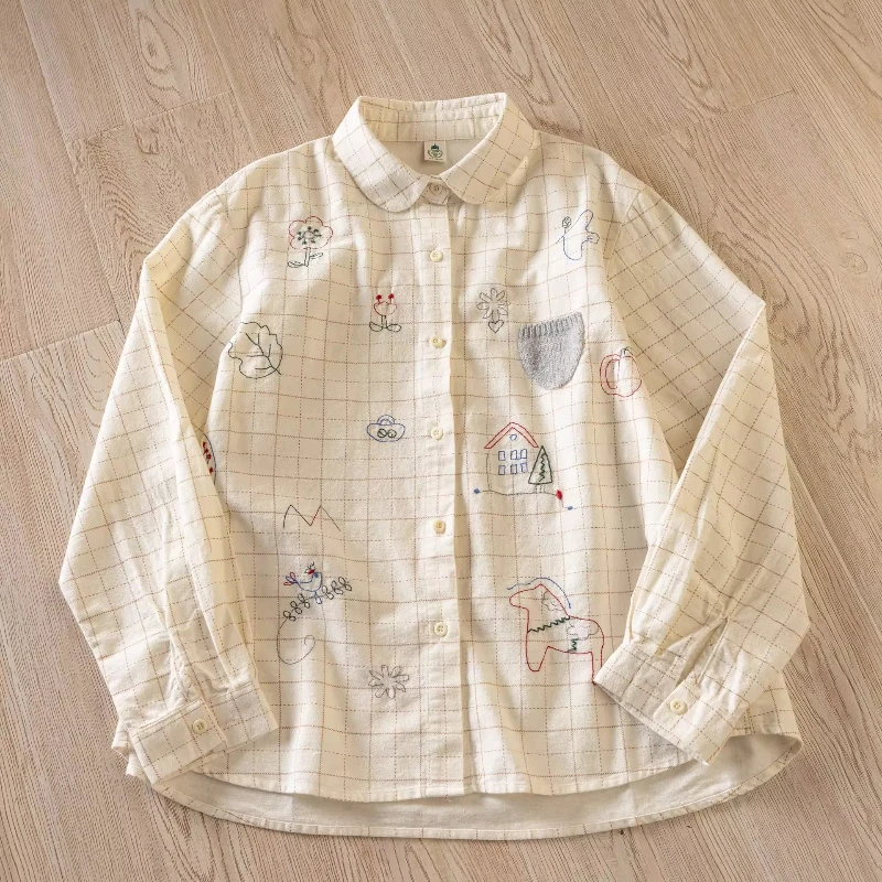 

2026 Winter cotton brushed woman button up shirt Japanese style original cartoon embroidered long sleeve shirts and blouses