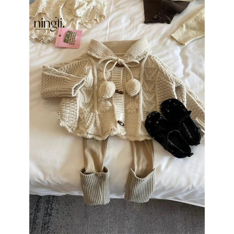 

South Korea Children's Clothing Girl's Knitted Shirt Autumn Little Girl Retro Mori Style Three-Dimensional Crocheted Ball Sweate