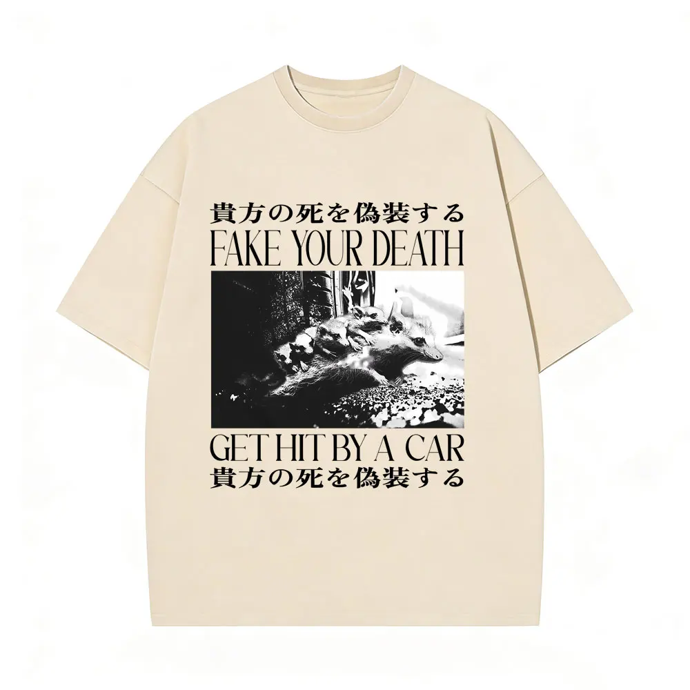 

Fake Your Death Get Hit By A Car T-shirt Funny Japanese Style Opossum Rat Vintage Washed T Shirts Man Casual Oversized T-shirts
