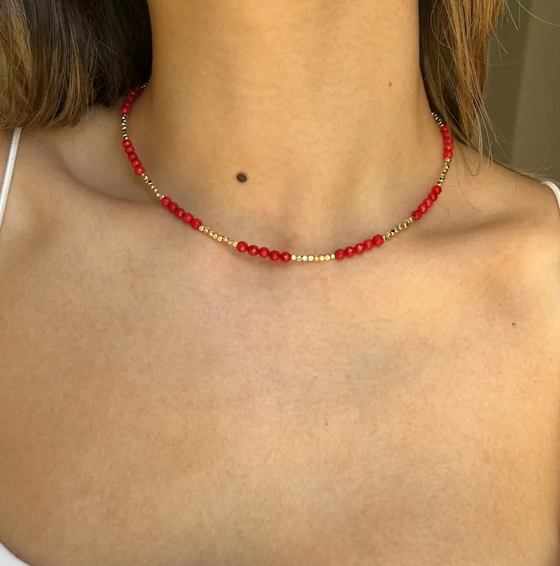 Chic coral stone necklace, gold plated shiny beads, red necklace, gift for her