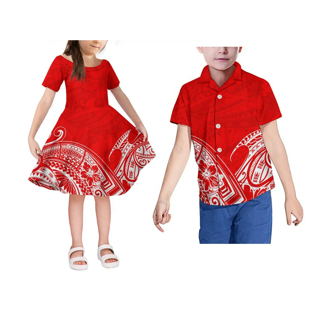 Conjuntos de vestidos e camisas infantis, Garota havaiana, Manga curta, Vestido combinando polinésio, Fiji, Meninos, Verão, Venda quente