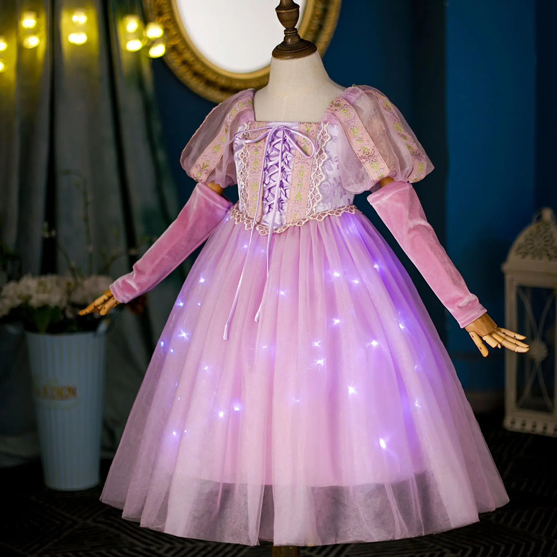 Rapunzel Dress Girls Long-sleeved Luminous Mesh Dress Winter Velvet Girl Birthday Gown Girls Sequined Princess Clothes 2-8Y