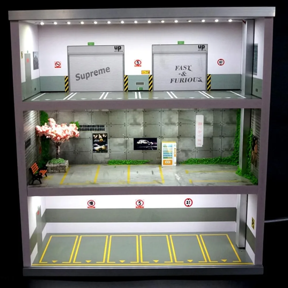 Display Case for Model Cars Garage Collectible Show with LED Lights Model Car 1:64 Scale Parking Space Scene Decoration