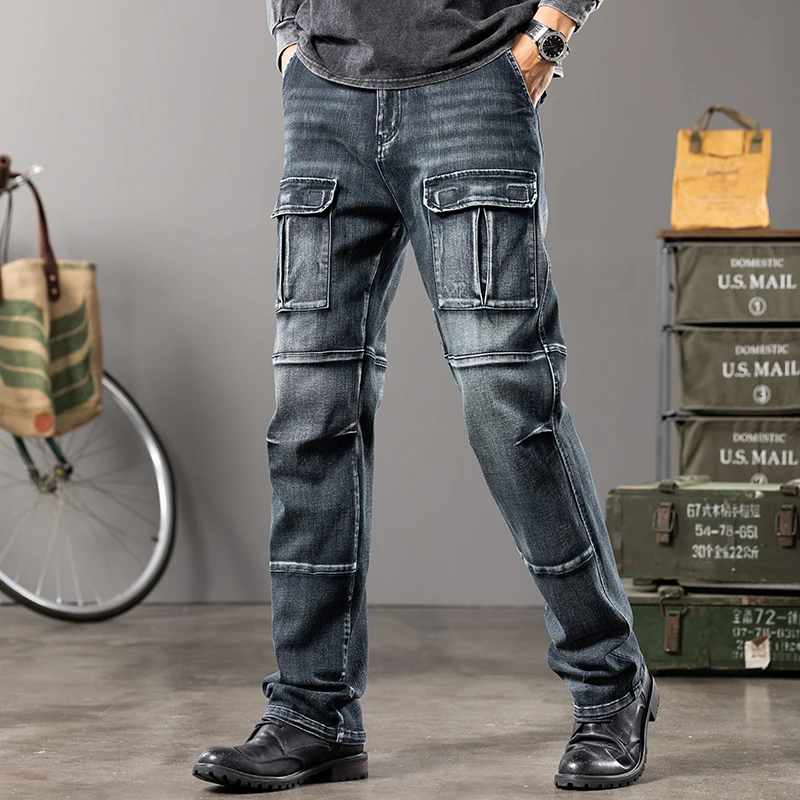 Autumn and winter new styles Men's Outdoor Wide Leg Workwear Multi-Pocket Jeans Straight fit plus size men's jeans 42 44 - Image 3