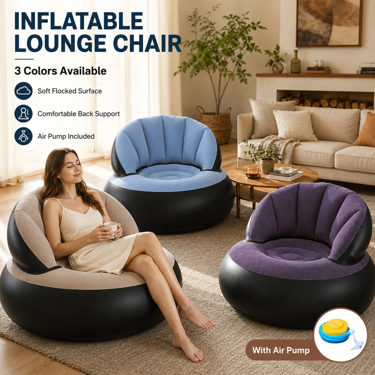 1PC Portable Inflatables Chairs,Flocked Surface inflatables Couch,Waterproof Blow Up chair,Comfortable inflatable Couch