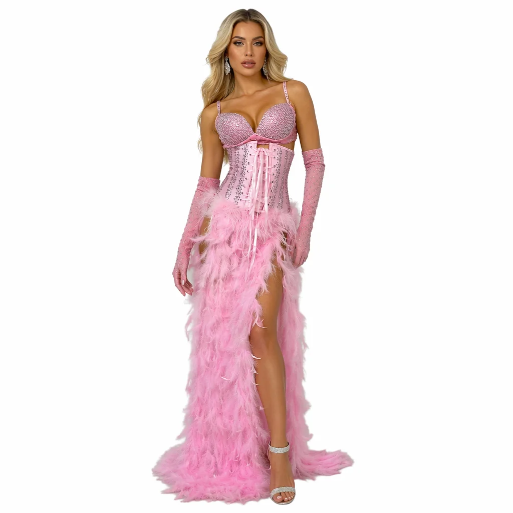 pink rhinestone bra bikini feathers corset long skirts gloves 4 pieces sets women club party costume show singer festival outfit