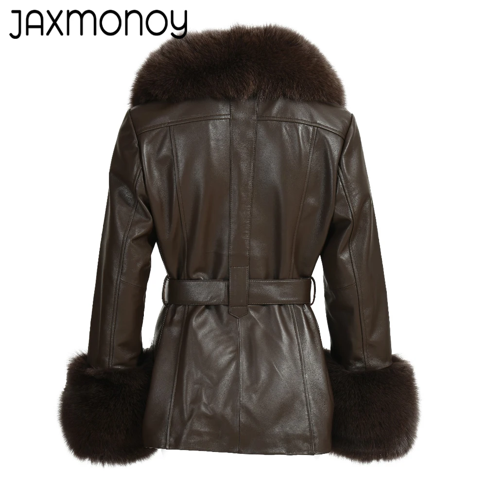 Jaxmonoy-Chaqueta de piel de zorro Real para mujer, abrigo de piel de oveja con cuello y puños, gabardina con cinturón, abrigos de moda para primavera y otoño