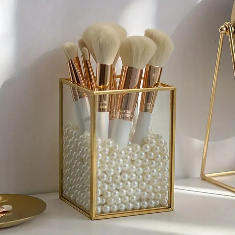 

1pc Makeup Brush Holder, 1 Slot Golden Metal Cosmetics Brushes Organizer, Stationery Box, Brushes Cup for Vanity, Desk, Dresse