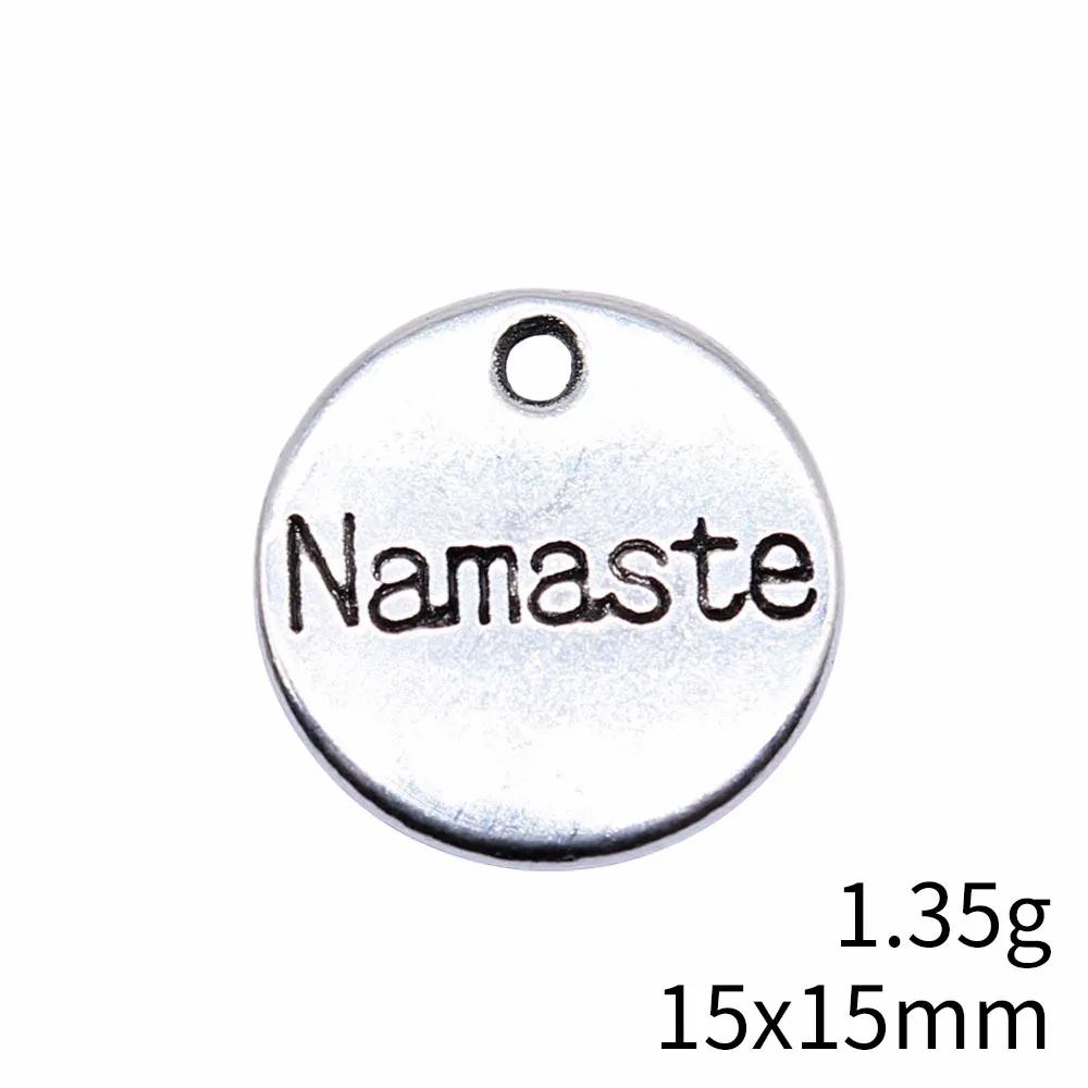 

10 шт. 15x15 мм, круглые подвески-плакетки «Намасте» цвета античного серебра, аксессуары для изготовления украшений ручной работы