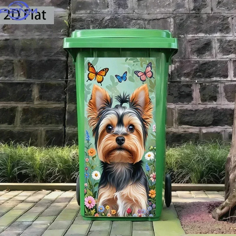 2D 1PC Flat Printing 1pc Trash Can Sticker ×cm Flower Bush Yorkshire Terrier Themed Design Self-Adhesive Wall Decal Wallpaper