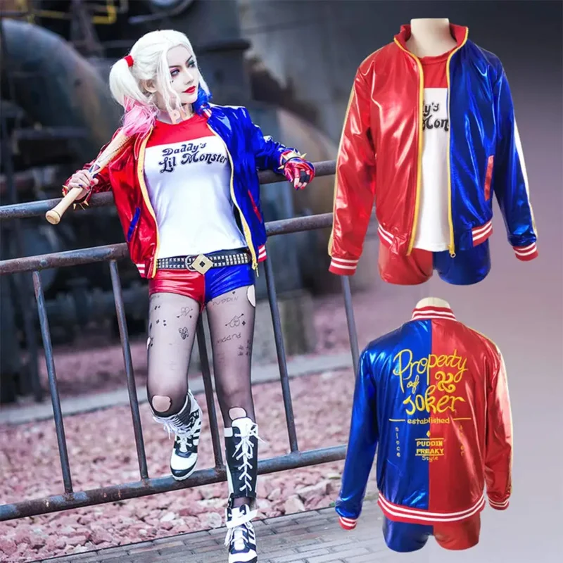 Kids Girls Suicide Harley Cosplay Costumes Squad Quinn Clown Jacket Pants Sets Christmas Halloween Party Fancy Dress  for Women