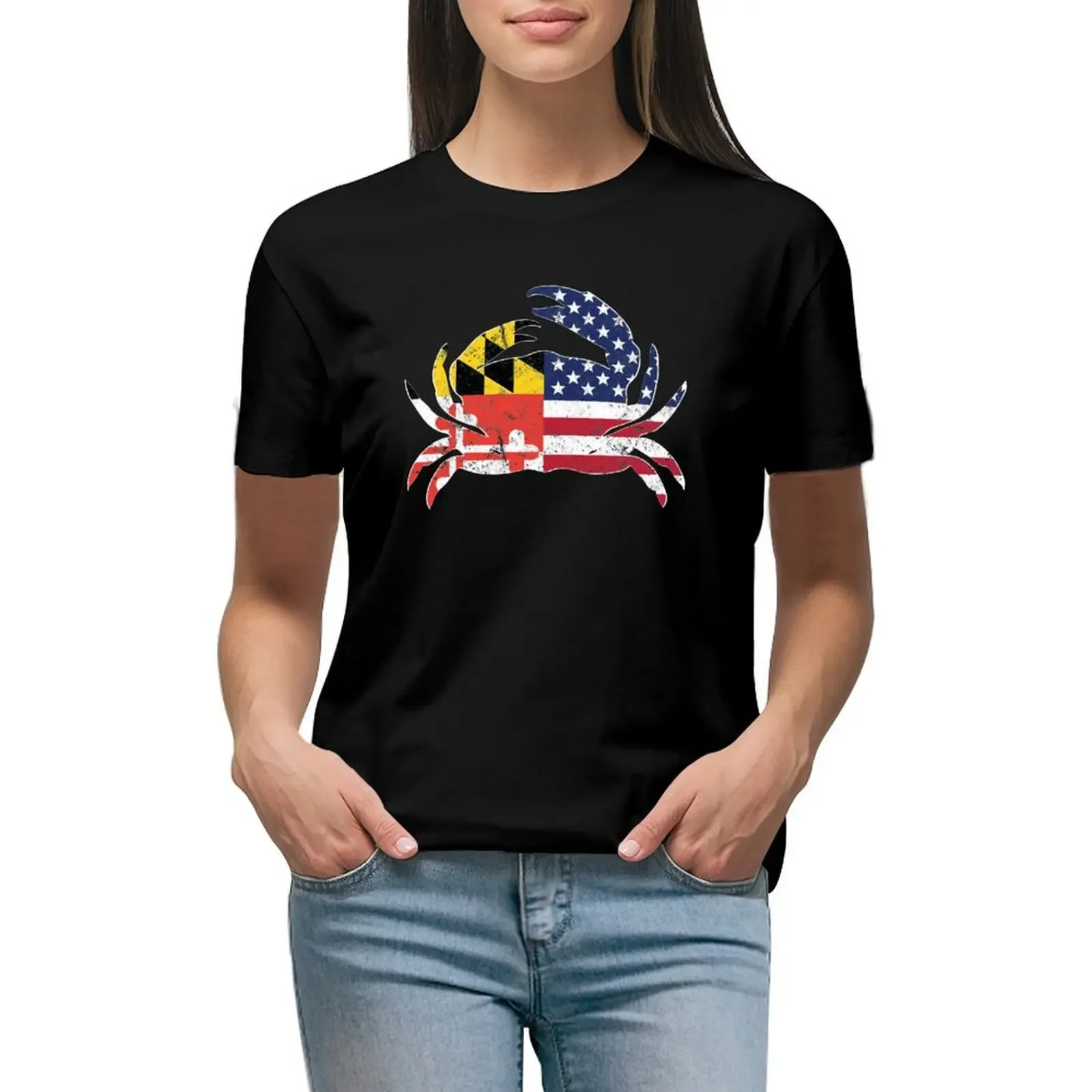 Maryland State Flag American Flag Blue Crab T-Shirt customs blanks animal print anime clothes woman t shirt