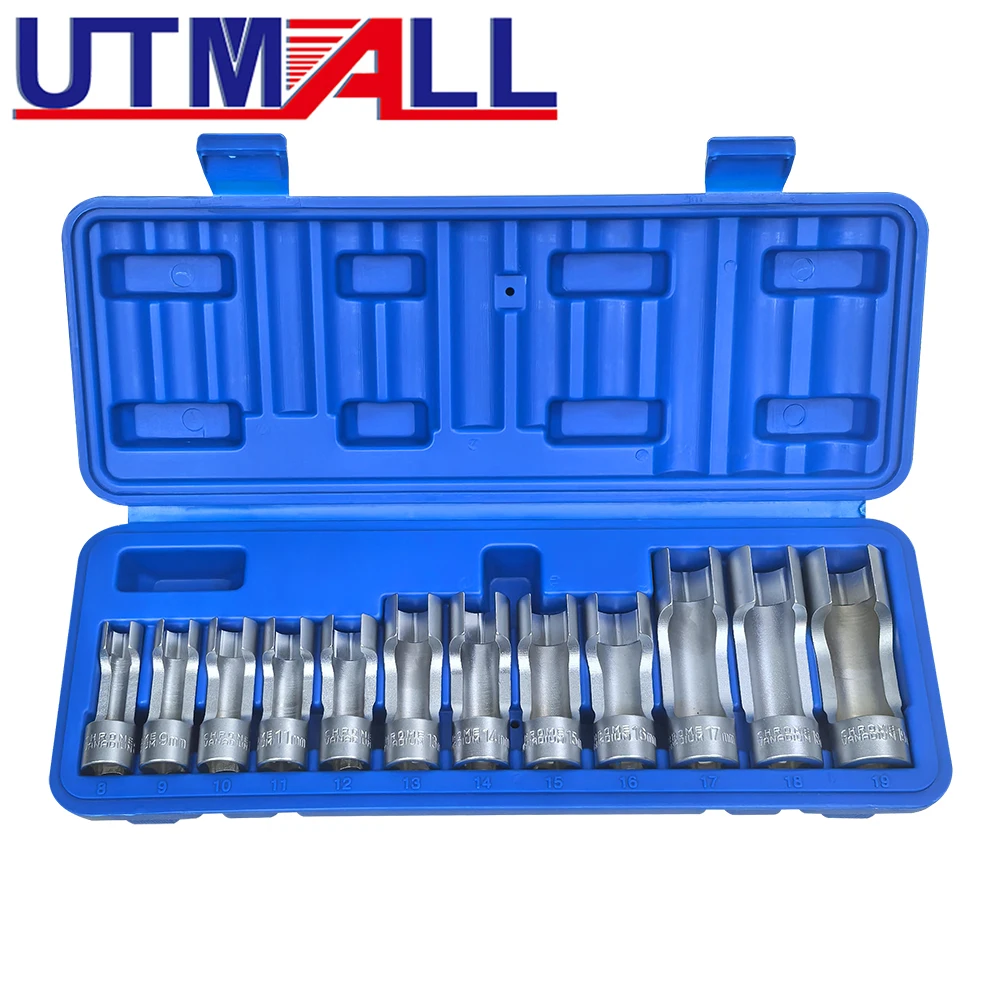 12Pcs 8mm-19mm Fuel Line Socket Wrench Union Nut Socket Open Oil Pipe Removal Sleeve Oxygen Sensor Removal Socket Wrench Kit