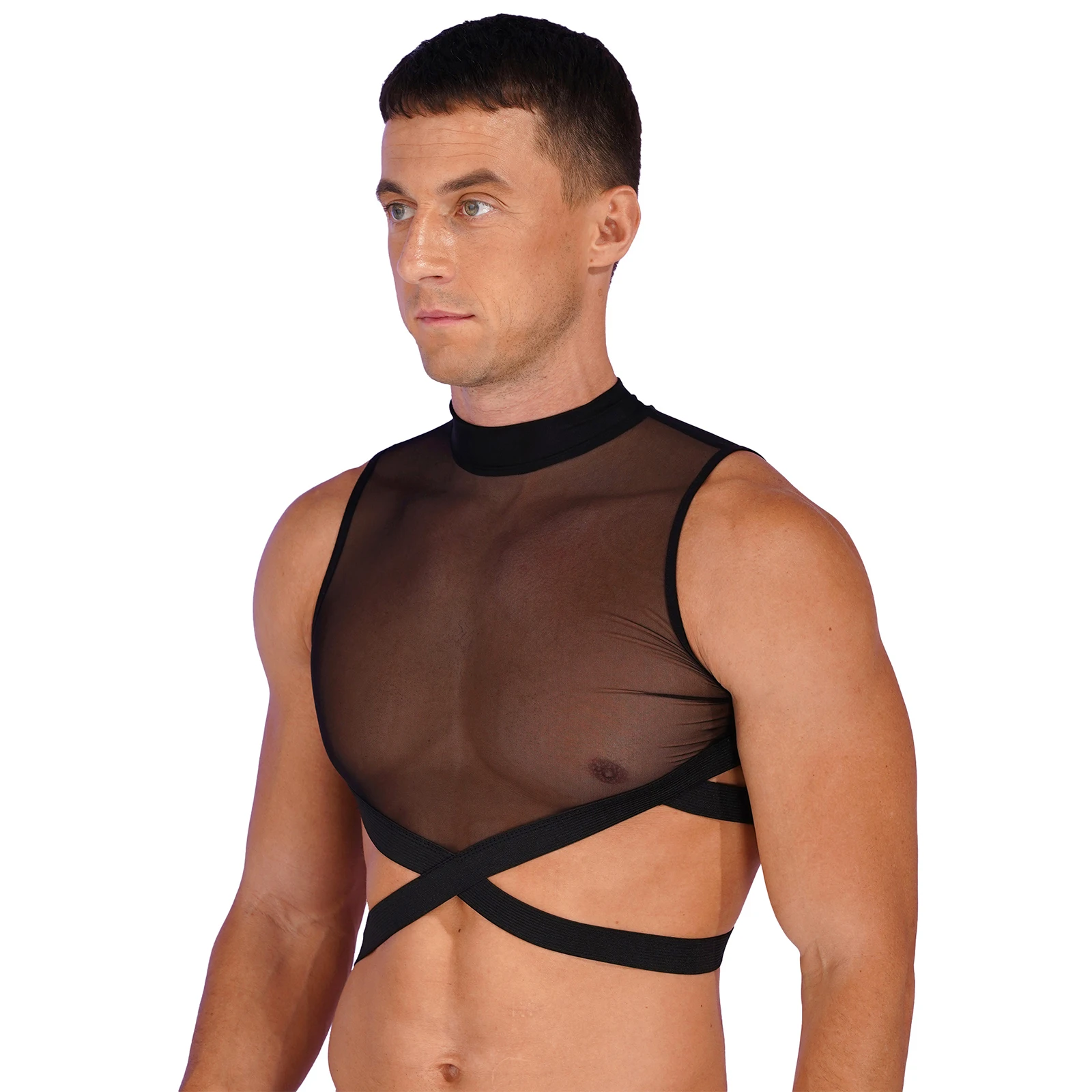 Gay Mens Sexy See Through Mesh Crop Top Back Zipper Strappy Criss Cross Vest Lingerie Nightclub Rave Party Pole Dance Clubwear