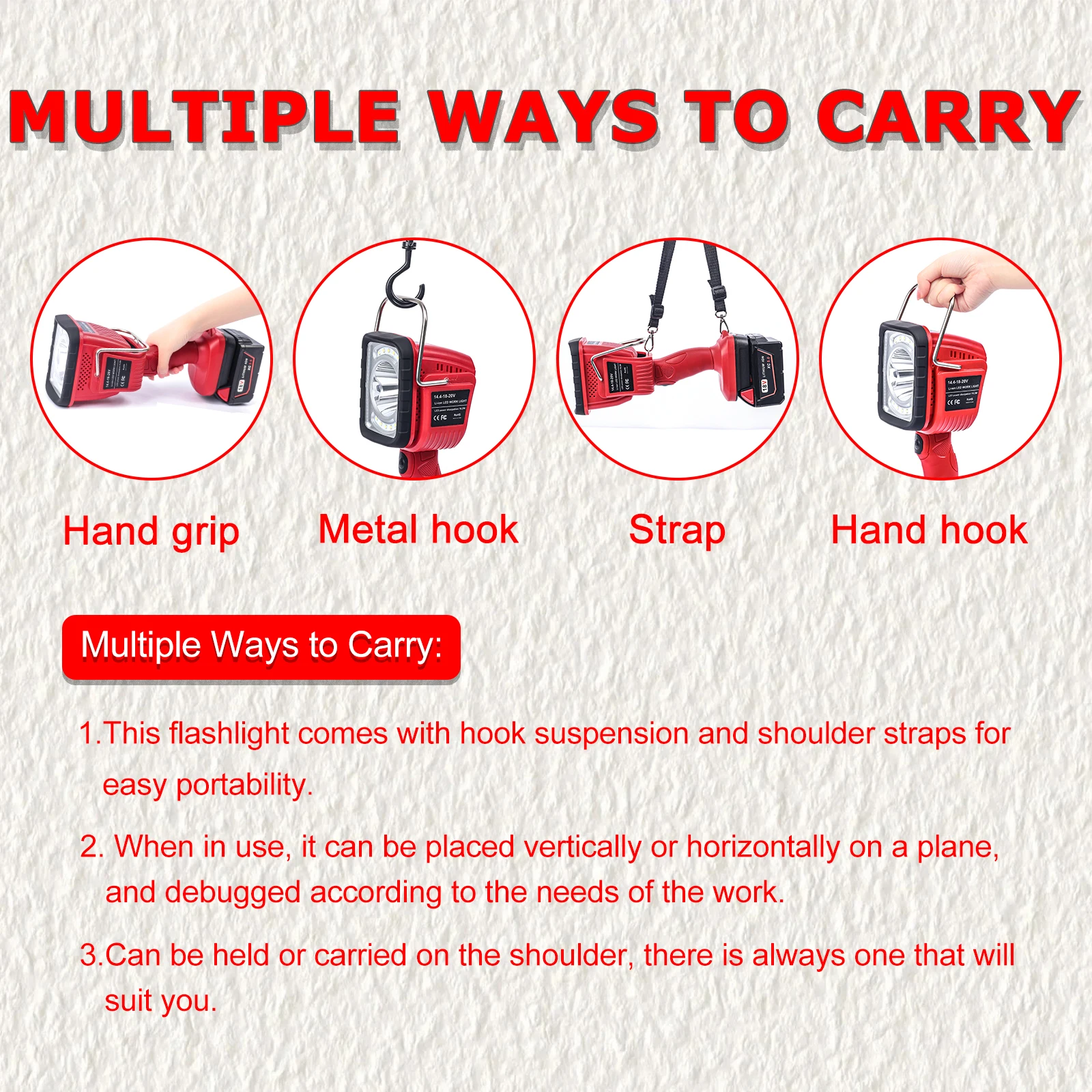 For Miliwaukee 16.2W 14.4V-18V Work Light Li-ion Battery Portable Outdoor LED Light Flashlight Dual Light Source Vertical Lamp