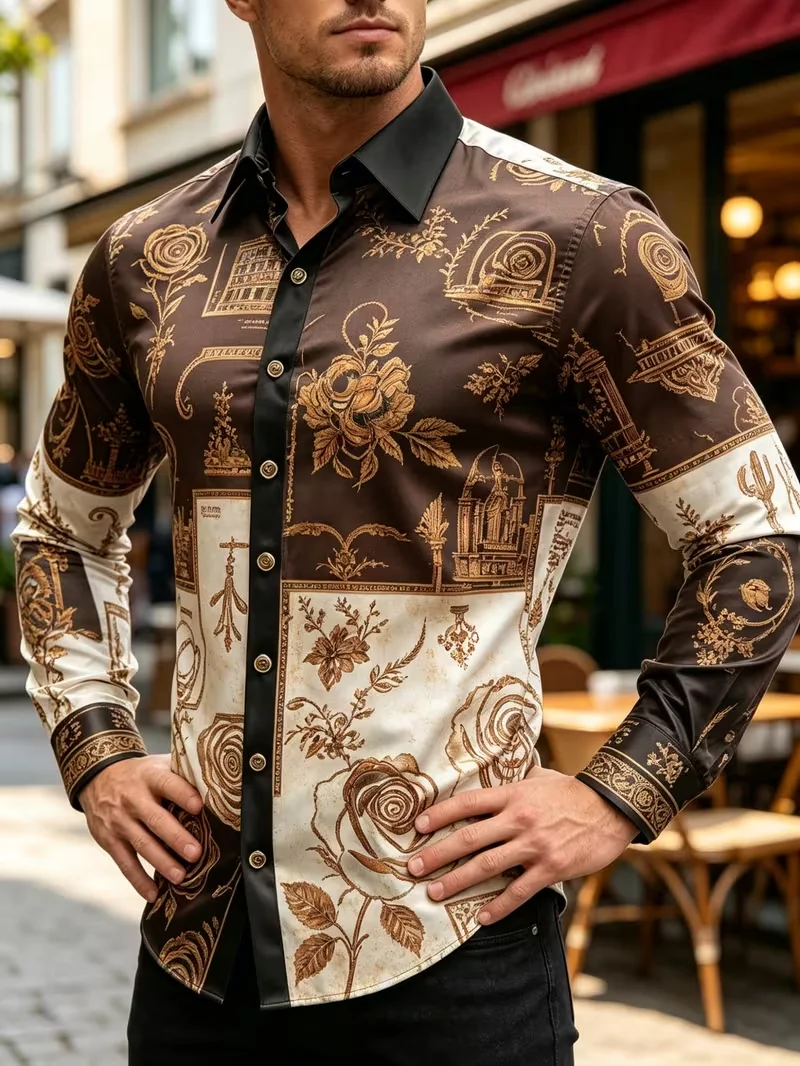New men's large flower gradient printed long sleeved shirt with high-end gloss retro style men's lapel cardigan top