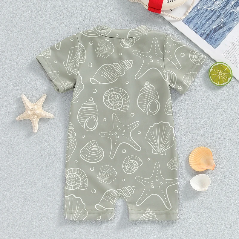 Toddler Baby Boy Swimsuit  Bathing Suit Rash Guard Sea Shell Short Sleeve Zipper Beach Swimwear Sunsuit