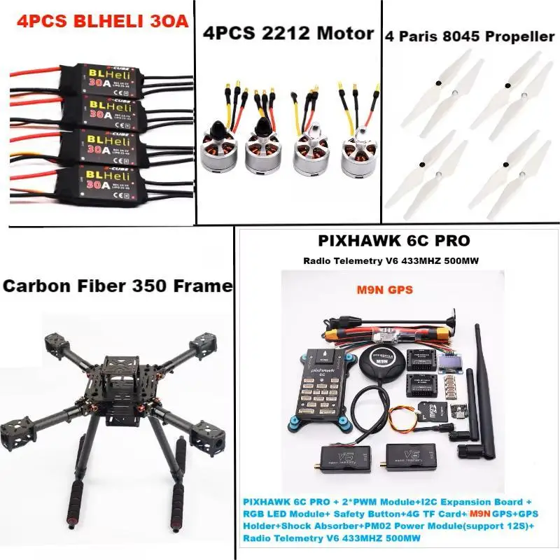 カーボンファイバー 350 PIXHAWK 6C PRO M8N/M9N/M10 フライト コントローラー Ardupilot 無線テレメトリ クアッドコプター BLHELI 30A ESC 2212 モーター