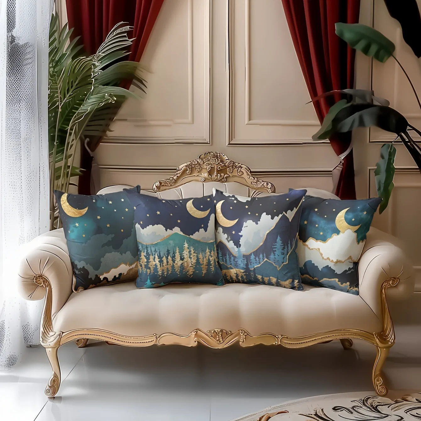 

Starry Night Mountain Pillowcase: Gold-Accent Celestial Scene Pattern Cushion Cover for Luxe Dreamy Home Sofa Decor