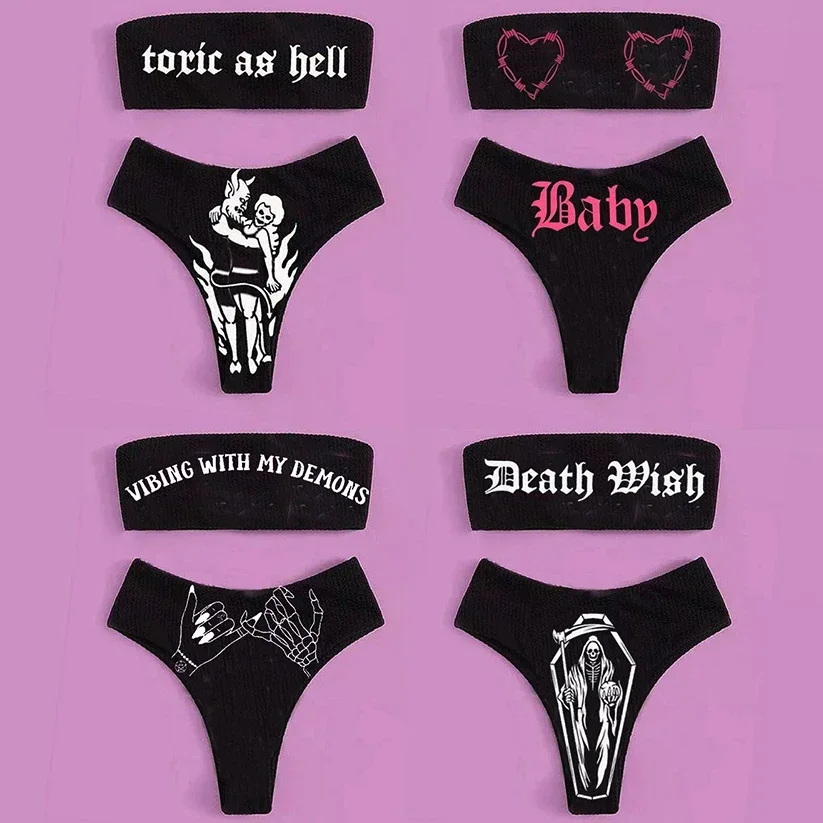 

Gothic Bikini 2025 Women Skeleton Tube Top Bra Triangle Bottoms Swimsuit Split Bathing Suit Underwear Y2K Bikinis Punk Swimwear