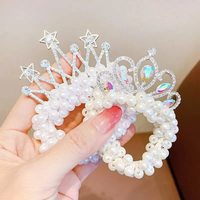 2PC Mode Perle Krone Prinzessin Haarbänder Elastische Gummibänder Kinder Ball Haarknoten Krawatten Frühling, Sommer, Herbst, Winter – Detail 4