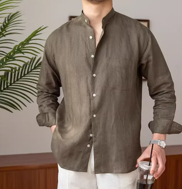 Breathable long sleeved shirt stand up collar shirt for men