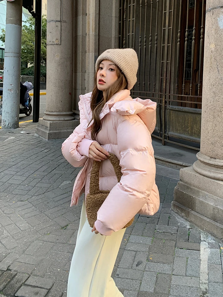 New Winter Women White Duck Down Down Jacket Women Fashion Hooded Casual Solid Long Sleeve Thickened Puff Feel Bread Jacket Coat