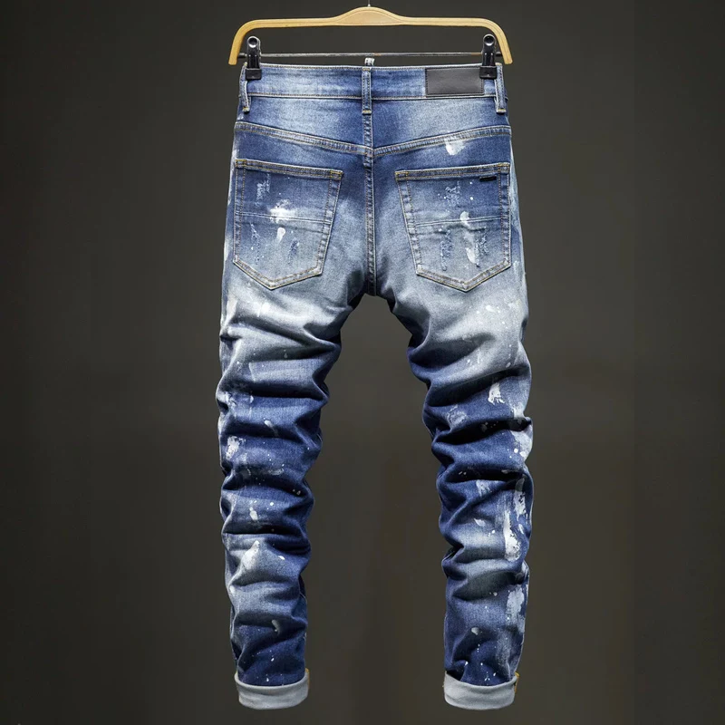 Men Blue Paint Splash Multi Ripped Cuffed Skinny Jeans Stretch Mid Waist Denim Pants hombre