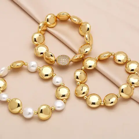 FLOLA Dainty White Pearl Beaded Bracelets for Women Copper Gold Plated Beads Bracelets CZ Jewelry Gifts brte73