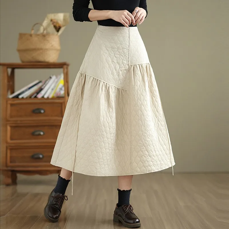 High Waist Long Skirt Women New Arrival 2024 Autumn Vintage Style Solid Color Basics Female Quilted Warm Casual Skirts B2019