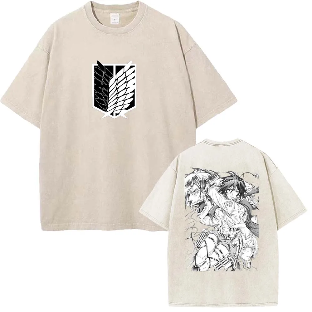 Attack On Titan Eren Jaeger Mikasa Shingeki No Kyojin T Shirt Men Women Washed Cotton T-shirts Manga Retro Tee Harajuku Tshirt