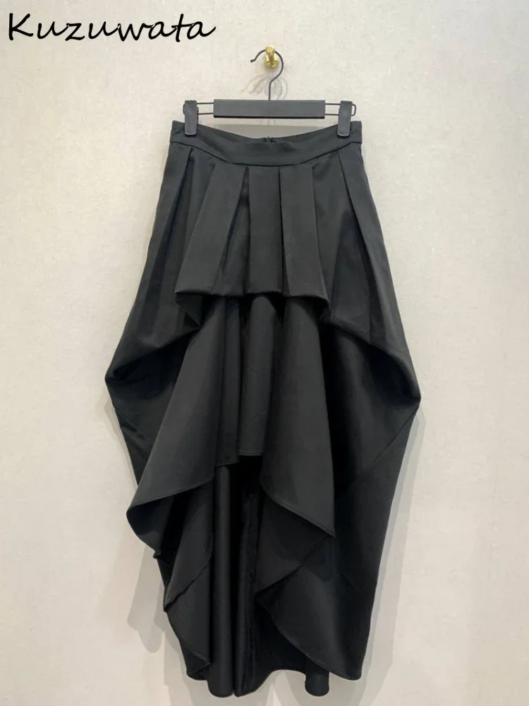 

Kuzuwata Moda New A-line Solid Ruched Skirt High Waist Lazy Split Casual Elegant Mujer Faldas Japan Simple Mid-length Soft Falda