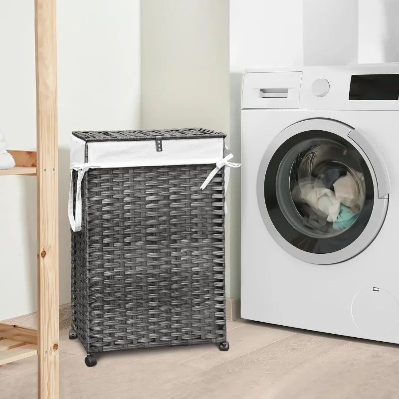 

70L Slim Laundry Hamper with Lid & Wheels, Rolling Laundry Basket with 2 Removable Liner Bags & 3 Mesh Bags,Narrow Dirty Clothes