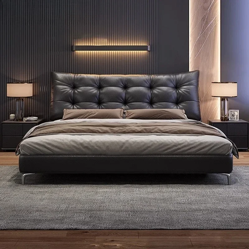 غرفة نوم جلدية إيطالية بسيطة وافل سوداء عتيقة بطول 1.8 متر طبقة علوية مزدوجة من جلد البقر #2