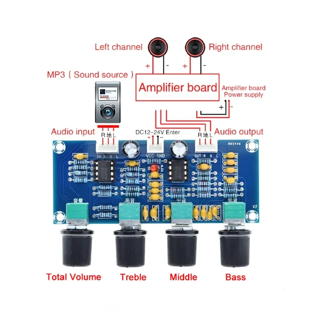 XH-A901 NE555 Digital Amplifier Board with DC Treble and Bass Adjustment Tuner Board Preamplifier Module